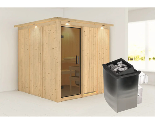 Sauna met saunakachel en glazen voorkant