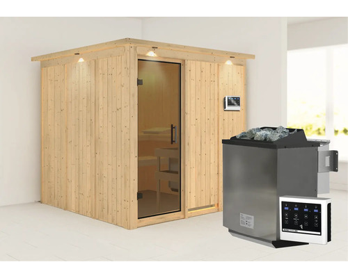 Houten sauna met glazen deur en saunakachel