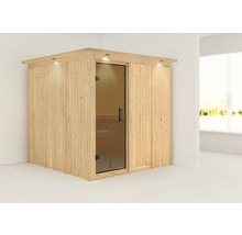 Houten sauna met glazen deur en verlichting