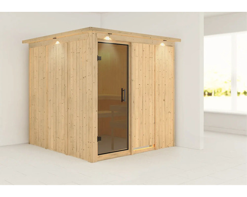 Houten sauna met glazen deur en verlichting