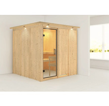 Houten sauna met glazen deur en binnenverlichting in de kamer