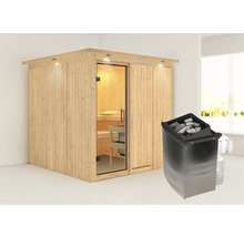 Houten sauna met glazen deur en saunakachel
