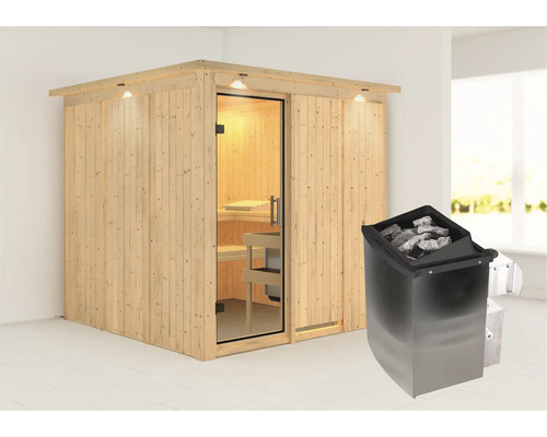 Houten sauna met glazen deur en saunakachel
