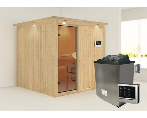 Houten sauna met glazen deur, saunakachel en bedieningselementen voor binnenshuis
