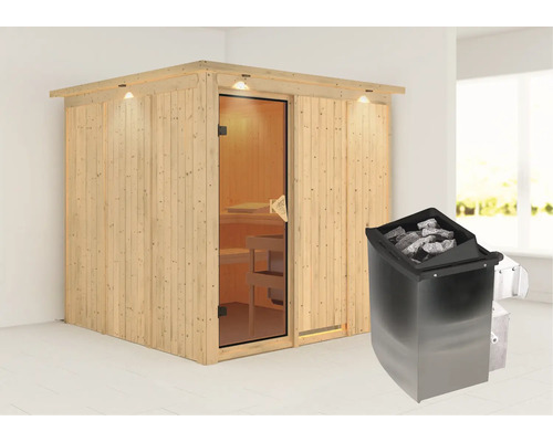 Sauna met saunaoven en saunastenen in een lichte ruimte