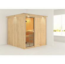 Houten sauna met glazen deur en verlichting