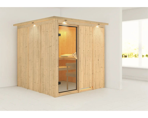 Houten sauna met glazen deur en verlichting
