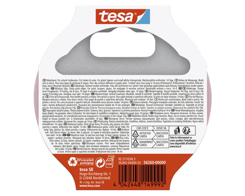 Tesa Logo. 85 percent recycled packaging symbol. Recycling symbols for packaging components. 12 meter tape length.