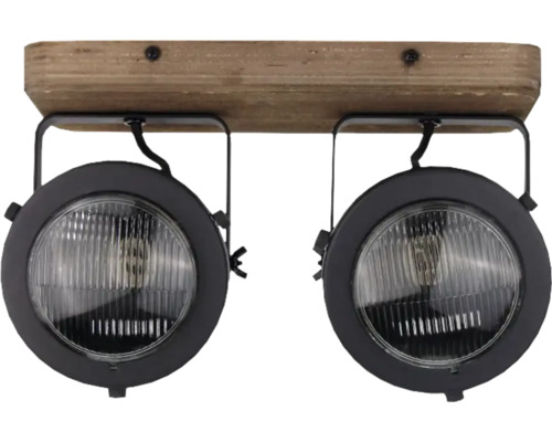 Plafondlamp met twee spotjes en houten plank