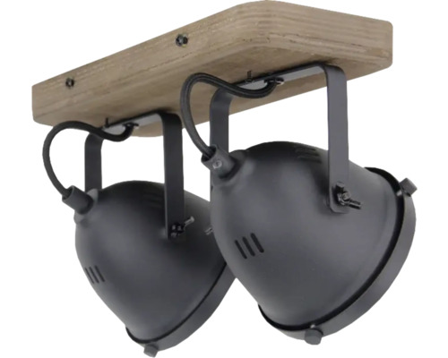 Plafondlamp met twee spots en houten voet