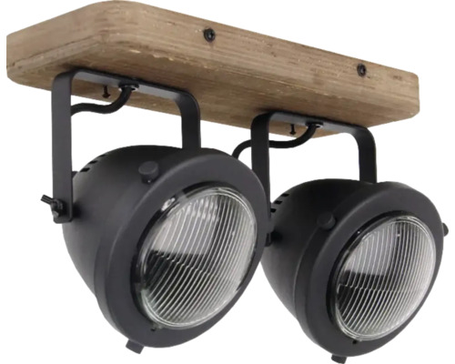 Plafondlamp met twee spots, hout en metaal