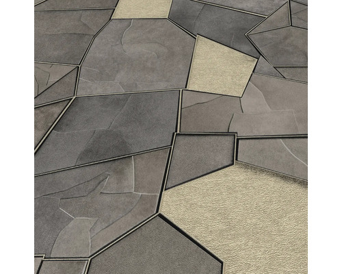 Close-up van onregelmatig gevormde, grijze en zandkleurige bestratingstenen met donkere voegen