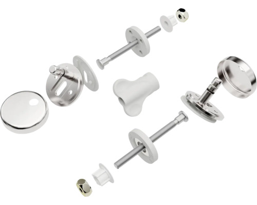 Explosietekening van een bevestigingsset voor een toiletbril met schroeven en afdekkingen