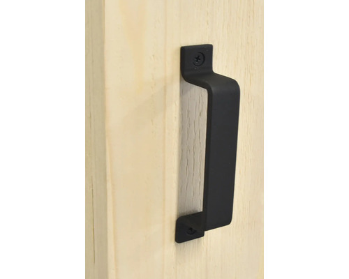 Zwarte deurklink bevestigd op een houten deur