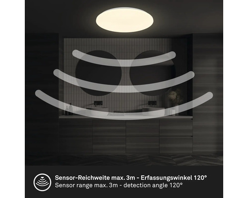 Plafondlamp met sensor in de badkamer, sensorbereik maximaal drie meter, detectiehoek 120 graden