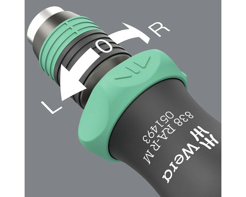 Gedetailleerd beeld van de omschakelhendel van een Wera schroevendraaier met de labels links, uit en rechts