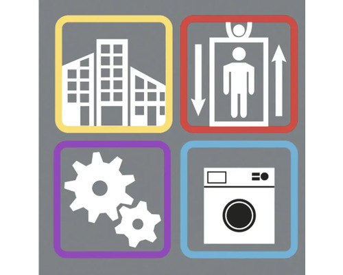 Symboolafbeeldingen voor gebouw, lift, versnelling en wasmachine