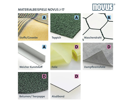 Materiaalvoorbeelden: stoffen, weefsel, tapijt, gaas, zachte kunststof, folie, dampremmende folie, bitumen of teerpapier, aludibond