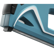 Detail van een blauw tackerapparaat.