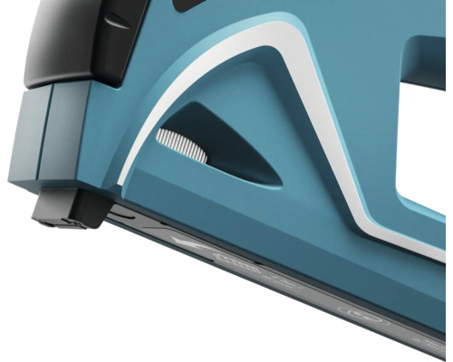 Detail van een blauw tackerapparaat.
