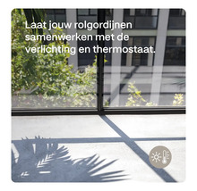 Raam met schaduwen en de tekst: Laat uw rolgordijnen samenwerken met de verlichting en thermostaat.