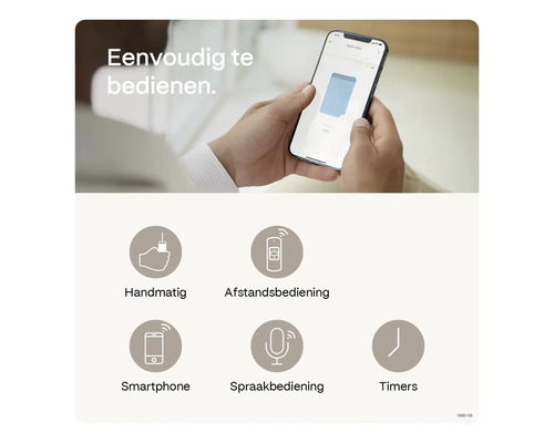 Eenvoudige bediening met smartphone, afstandsbediening, spraak, timer of handmatig