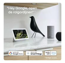 Smart Home apparaten op een plank met Google Home Logo, SmartThings Logo en Alexa Logo