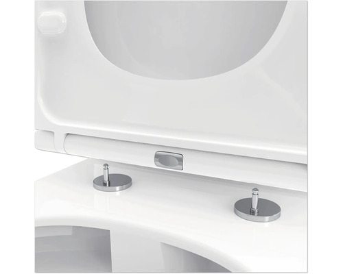 Detailopname van een toiletbril met softclose mechanisme en bevestiging