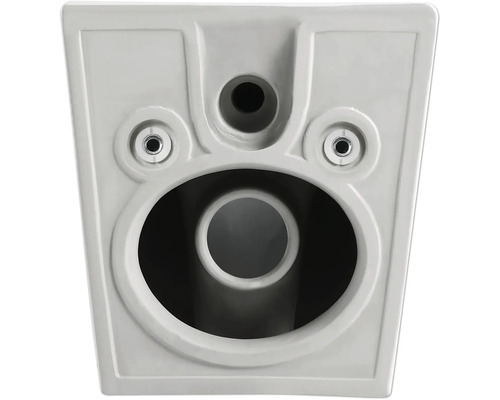 Detailopname van een wandcloset zonder spoelrand, met de binnenkant en de bevestigingspunten in beeld