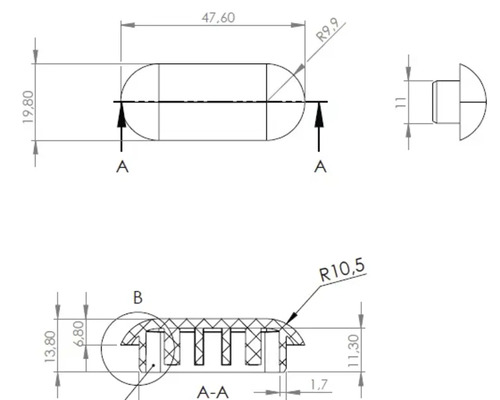 Technische tekening van een meubelglijder met afmetingen