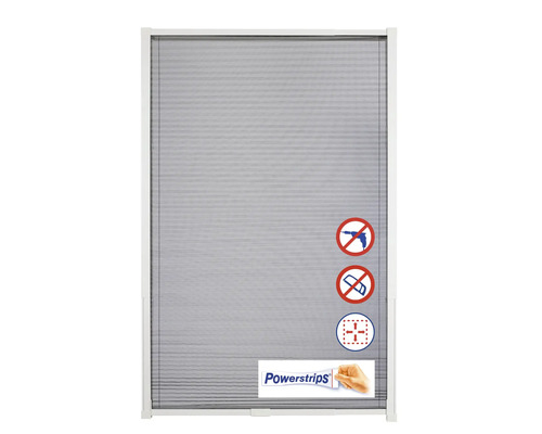 Plissé hor met symbolen voor montage zonder boren en zagen, plus Powerstrips logo