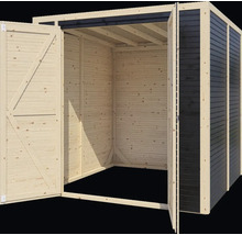 Open houten tuinhuis met dubbele deuren.