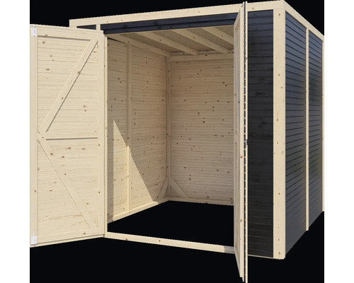 Open houten tuinhuis met dubbele deuren.