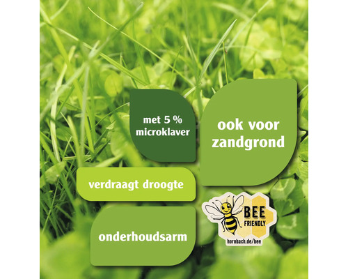 Informatie over een gazonmengsel met 5 procent microklaver, geschikt voor zandgrond, droogtebestendig en onderhoudsarm, met een bijvriendelijk label