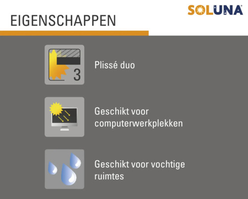Eigenschappen: Plissé duo, geschikt voor computerwerkplekken en vochtige ruimtes.