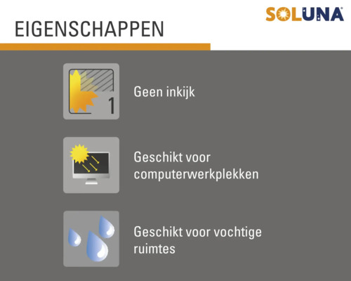Producteigenschappen: geen inkijk, geschikt voor computerwerkplekken, geschikt voor vochtige ruimtes. Soluna Logo.