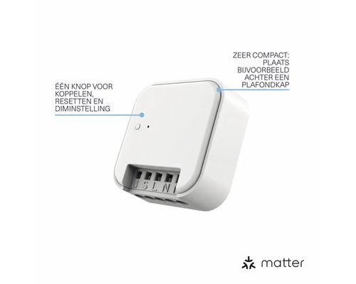 Wit Smart Home apparaat met één knop voor koppelen, resetten en dimmen