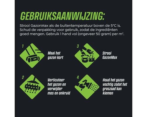 Instructies voor het strooien van GazonMax: maai het gazon kort, verticuteer het gazon en verwijder mos en onkruid, strooi GazonMax, houd het gazon vochtig zodat het graszaad kan kiemen