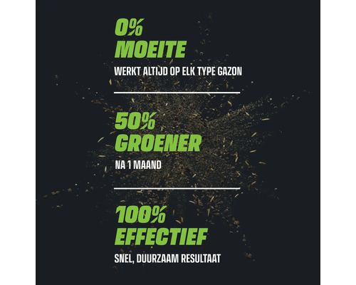 Afbeelding met gegevens over gazonzaden: 0 procent moeite, werkt altijd op elk type gazon, 50 procent groener na 1 maand, 100 procent effectief, snel, duurzaam resultaat