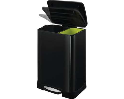 Zwarte pedaalemmer met twee compartimenten en open deksel voor afvalscheiding