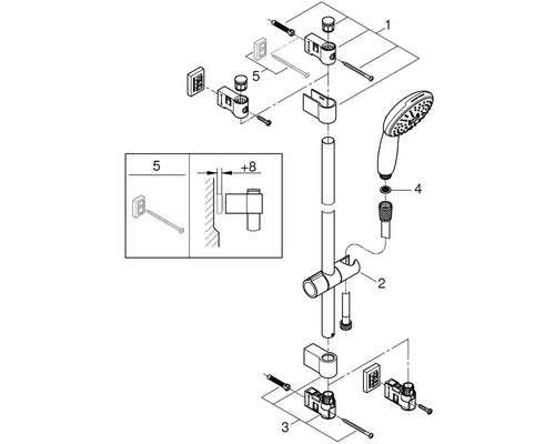 Explosietekening van een douchestang met douchekop en montage accessoires