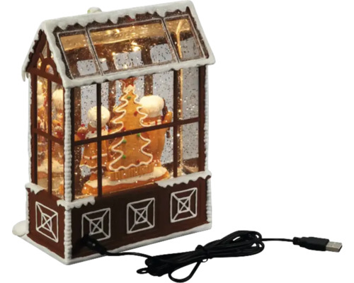Decoratieve sneeuwbol in de vorm van een peperkoekhuis met ledverlichting en USB-kabel
