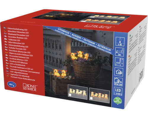 Verpakking van een LED-decoratieverlichting met diermotieven voor buiten van Konstsmide met 40 lampjes, 5 meter aanloopsnoer en 10,5 centimeter lampafstand