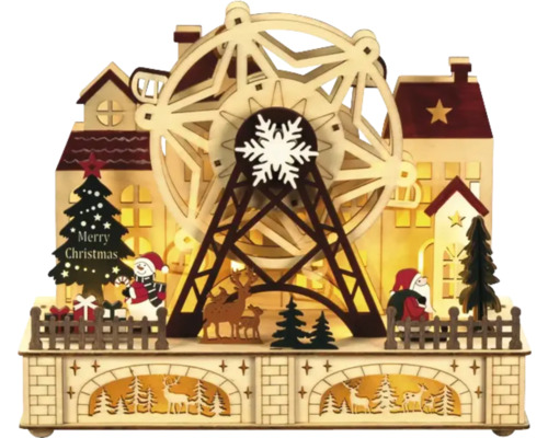 Kerstdecoratie met verlicht reuzenrad, kerstman, sneeuwpop, kerstboom en huizen