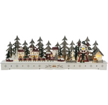 Houten kerstdecoratie met verlicht dorp, trein en reuzenrad