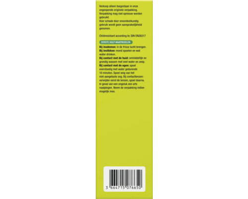 Informatie over verkoop, verpakking, kinderbeveiliging en eerste hulp