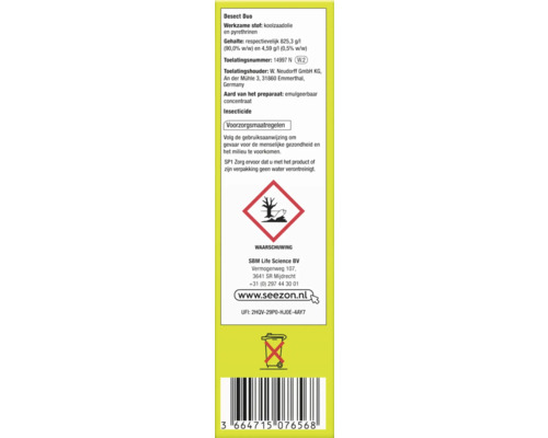 Etiket van een insecticide met waarschuwingen en gevarensymbolen