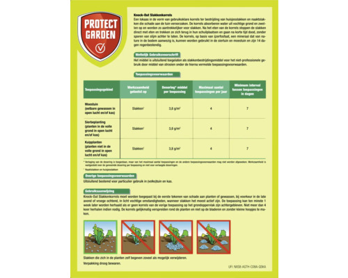 Informatie over Knock-Out slakkenkorrels, een product voor slakkenbestrijding in de tuin, met toepassingsvoorwaarden en gebruiksaanwijzing.