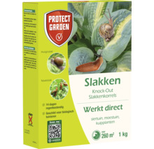 Verpakking slakkenkorrels met Protect Garden Logo en afbeeldingen van huis- en naaktslakken