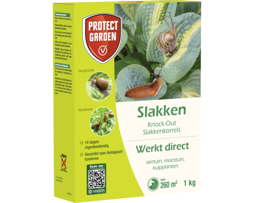 Verpakking slakkenkorrels met Protect Garden Logo en afbeeldingen van huis- en naaktslakken